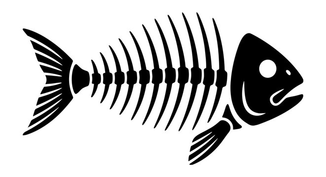 Minimalist vector graphic of a complete fish skeleton, a stark symbol representing natural life cycles and decomposition