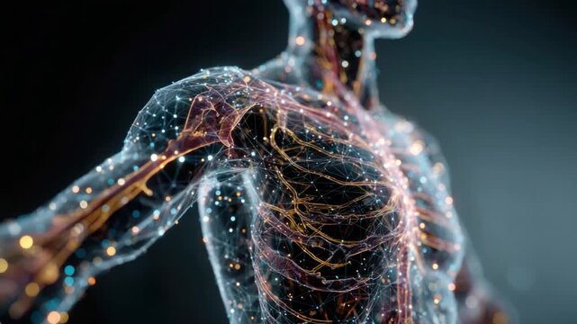 Intricate Human Body: A detailed and artistic rendering showcases the complex human body system, highlighting the network of nerves and anatomy