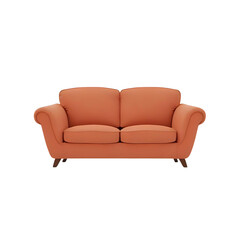 Fototapeta premium A modern orange sofa with wooden legs, viewed directly from the front in a minimalist setting