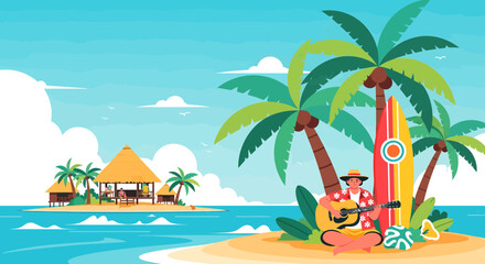 Obraz premium Man playing guitar on tropical island beach vacation