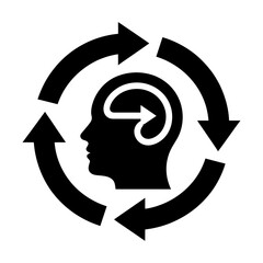 black silhouette of a human head surrounded by circular arrows, symbolizing cognitive processes, learning, and mental flow