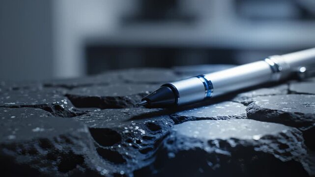 Close Up of a Silver Pen Laying on a Textured Dark Surface