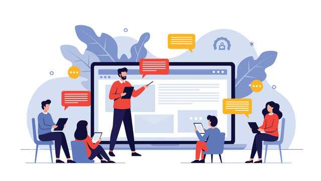 A teacher conducts an online class from a large laptop screen with students learning remotely on tablets, illustrating e-learning concepts.