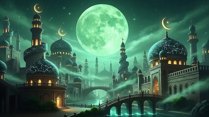 Eid mubarak wishes ramadan kareem moonlit mosque scene for islamic celebrations