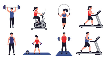 A collection of men and women exercising with various gym equipment, including treadmills, barbells, and stationary bikes.