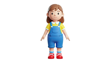 3D cartoon girl with brown hair and blue overalls