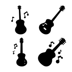 Fototapeta premium A collection of black acoustic guitar silhouettes accompanied by musical notes