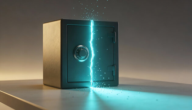 Secure vault safe split by electric blue energy concept of cybersecurity breach hacking and data protection failure minimalist 3d render