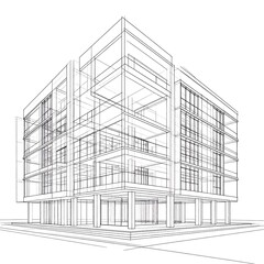 Architectural blueprint of a modern multi-story commercial building, rendered in a line drawing style against a white background