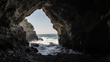 Dark cave opening onto ocean waves