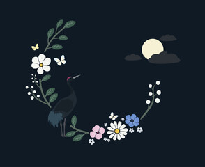 Serene Crane Gazing at Moon with Floral Wreath on Deep Navy Background in Folk Art Style
