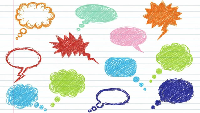 thought bubbles with a scribble texture on a lined paper background, perfect for communication concepts, brainstorming, and social media designs