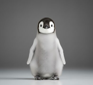 Full shot of baby chick emperor penguin aptenodytes forsteri in studio on gray background