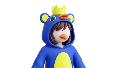 3D render of a character in a blue penguin costume with a crown