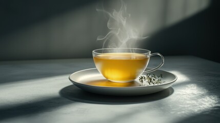 A steaming cup of herbal tea on a minimalist plate