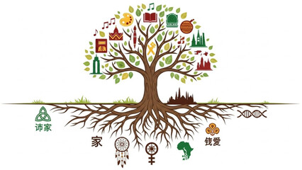 Obraz premium A colorful tree with roots and symbols representing growth and harmony