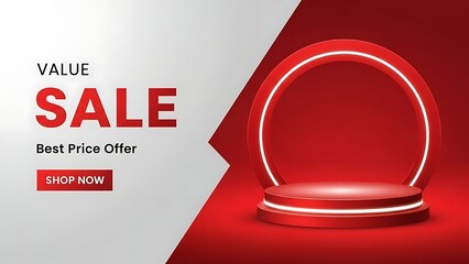 Modern advertising banner for a value sale best price offer featuring a red product podium