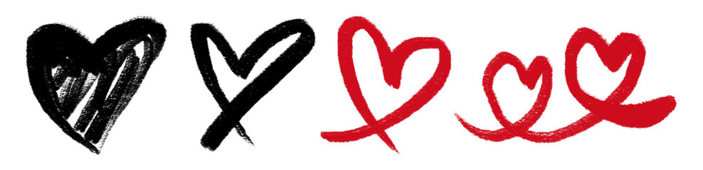 Red hand-drawn heart doodle set, bold brushstroke romantic elements for Valentine designs and cute love decoration PNG.