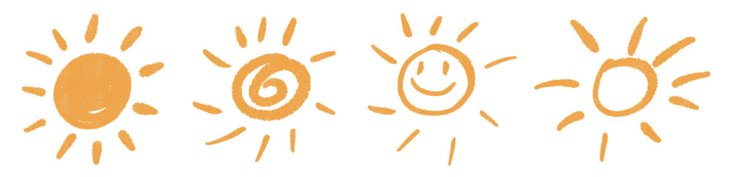 Cute orange sun doodle set with hand-drawn rays, playful sketch elements for cheerful kids designs and creative graphics.