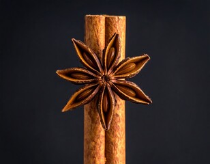 Aromatic brown star anise rests delicately atop a cinnamon stick against a dark, smooth background. Focused lighting accentuates textures