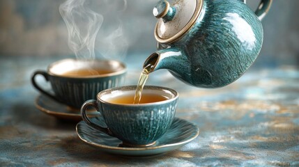 A stylish ceramic teapot pouring tea into a cup