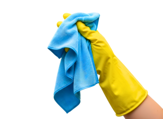 Hand with cleaning cloth isolated on transparent background