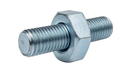 Close-up of a galvanized steel double-ended stud bolt with a hex nut isolated on a white background.