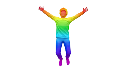 Man jumping with arms outstretched, wearing rainbow gradient clothing