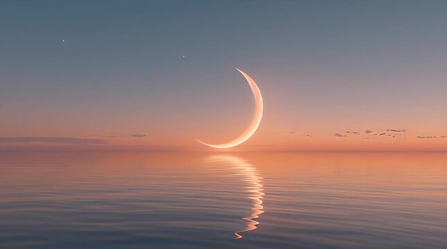 Crescent Moon Reflection on Calm Water Surface.