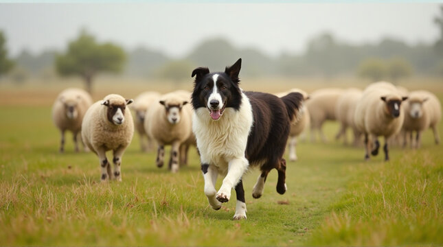 Energetic Border Collie herding sheep across a grassy field, showcasing its agility and intelligence in a rural setting for animal lovers