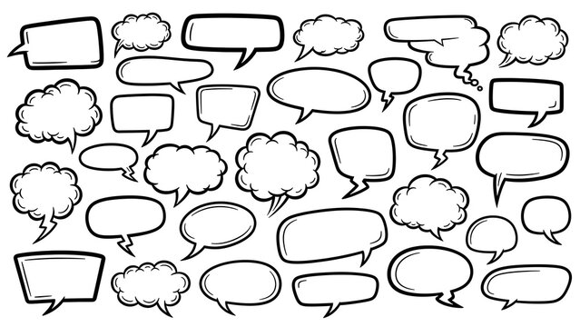 Collection of various empty comic speech bubbles and thought clouds