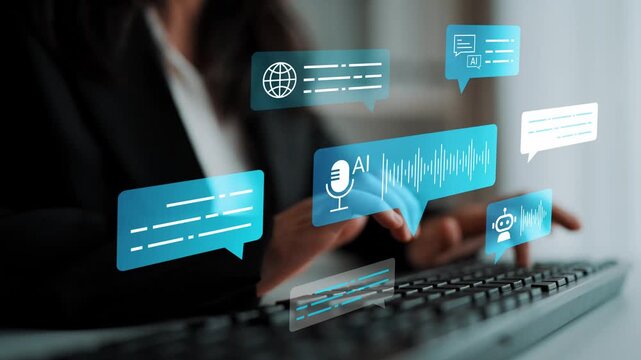 Business professional interacting with AI technology through digital icons and speech bubbles representing communication and innovation concepts in the workplace Gluon.