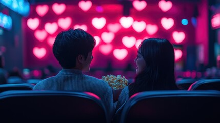 Young romantic loving couple with popcorn watching movie in cinema, relationships and lifestyle concept,bokeh pink heart in cinema,romantic spending time together,valentine day concept.
