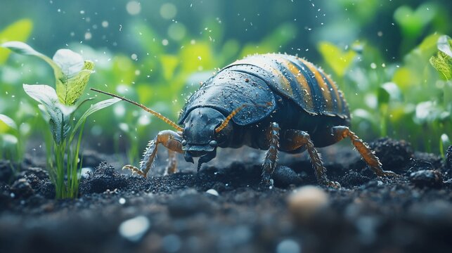 A detailed depiction of a pill bug in its natural habitat. The pill bug is surrounded by fresh green plants growing in dark soil, capturing its natural environment in a realistic and appealing way.