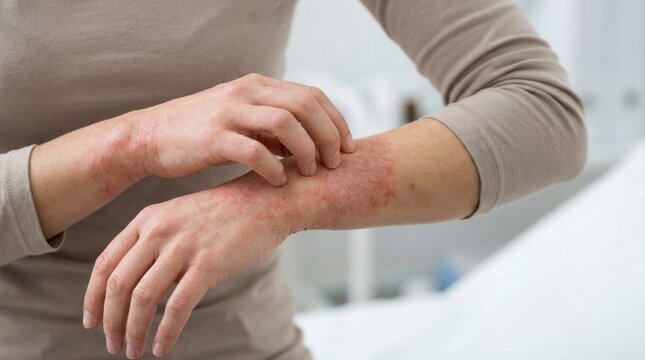 Woman scratching red inflamed eczema rash on her wrist,concept of skin allergy,dermatitis,itchy irritation,psoriasis,or chronic skin condition needing treatment