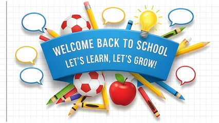 Welcome back to school with colorful educational supplies and text