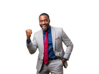 Excited young african american businessman in a light gray suit and red tie posing with a clenched fist and big smile