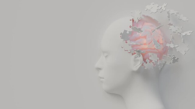 human head model that opens up like a jigsaw puzzle, revealing the brain inside. Can be used in background elements related to Brain, illness or repair. Minimal idea concept. 3D Render.