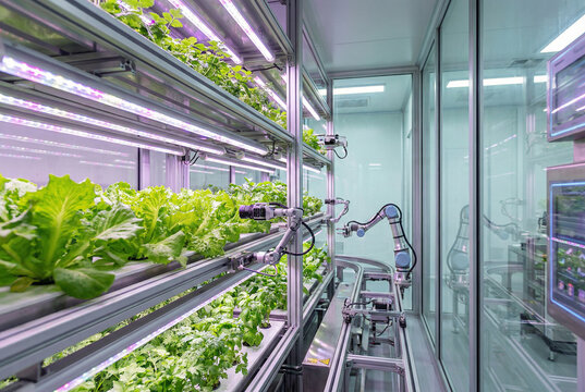 uturistic vertical farm with automated robotic arms harvesting green lettuce under pink LED grow lights in a clean laboratory, smart agriculture and agritech concept.
