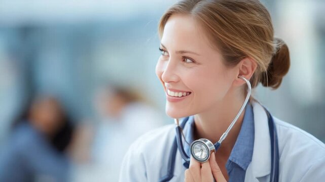 Smiling Doctor with a stethoscope: A cheerful and competent doctor, stethoscope in hand, smiles warmly as she focuses on patient health and provides dedicated care.