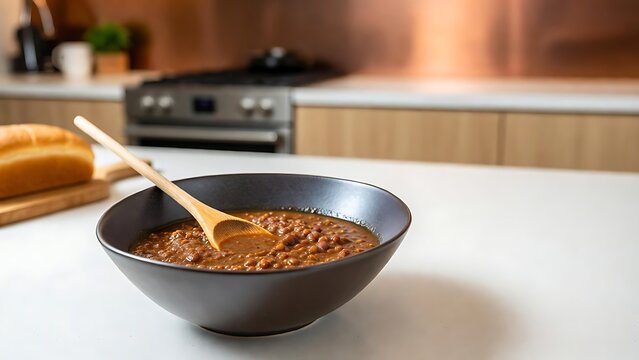 matte dark bowl of grah bean stew in a clean modern kitchen scene. Simple bread in the background, light wooden spoon, minimal props.