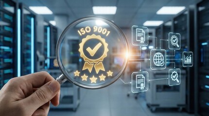 ISO 9001 certification quality management concept,in modern server room environment,digital compliance and assurance icons