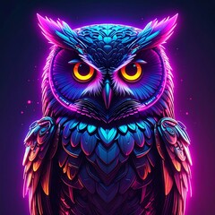 Obraz premium Digitally created close-up portrait of an owl with glowing neon colors