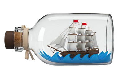 Ship in a bottle with blue waves and red flags