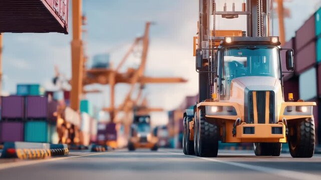 Forklift at Port: A vibrant forklift navigates through a busy port, working amidst shipping containers and cranes, showcasing the dynamic world of logistics.