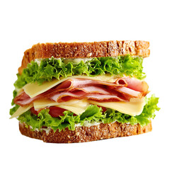 Fresh Ham and Cheese Sandwich with Lettuce on Whole Grain Bread Isolated on Transparent Background