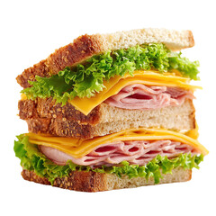 Fresh Ham and Cheese Sandwich with Lettuce on Whole Grain Bread Isolated on Transparent Background
