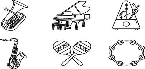 Vector musical instrument line icon set featuring grand piano, saxophone, tuba, metronome, maracas, and tambourine for music education and performance branding,