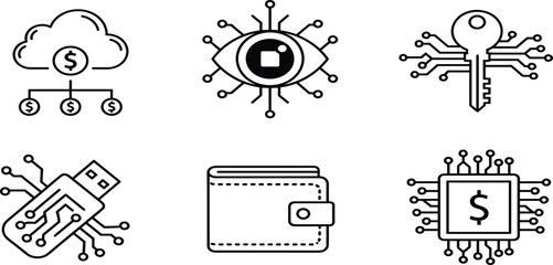 Fototapeta premium Vector icon set for fintech and cybersecurity featuring cloud banking, biometric vision, digital encryption key, secure hardware, electronic wallet, and microchip
