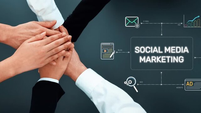 Image of multiple hands joining together, symbolizing teamwork in social media marketing. Visual representation of strategy, growth, and digital engagement for business success. Raster